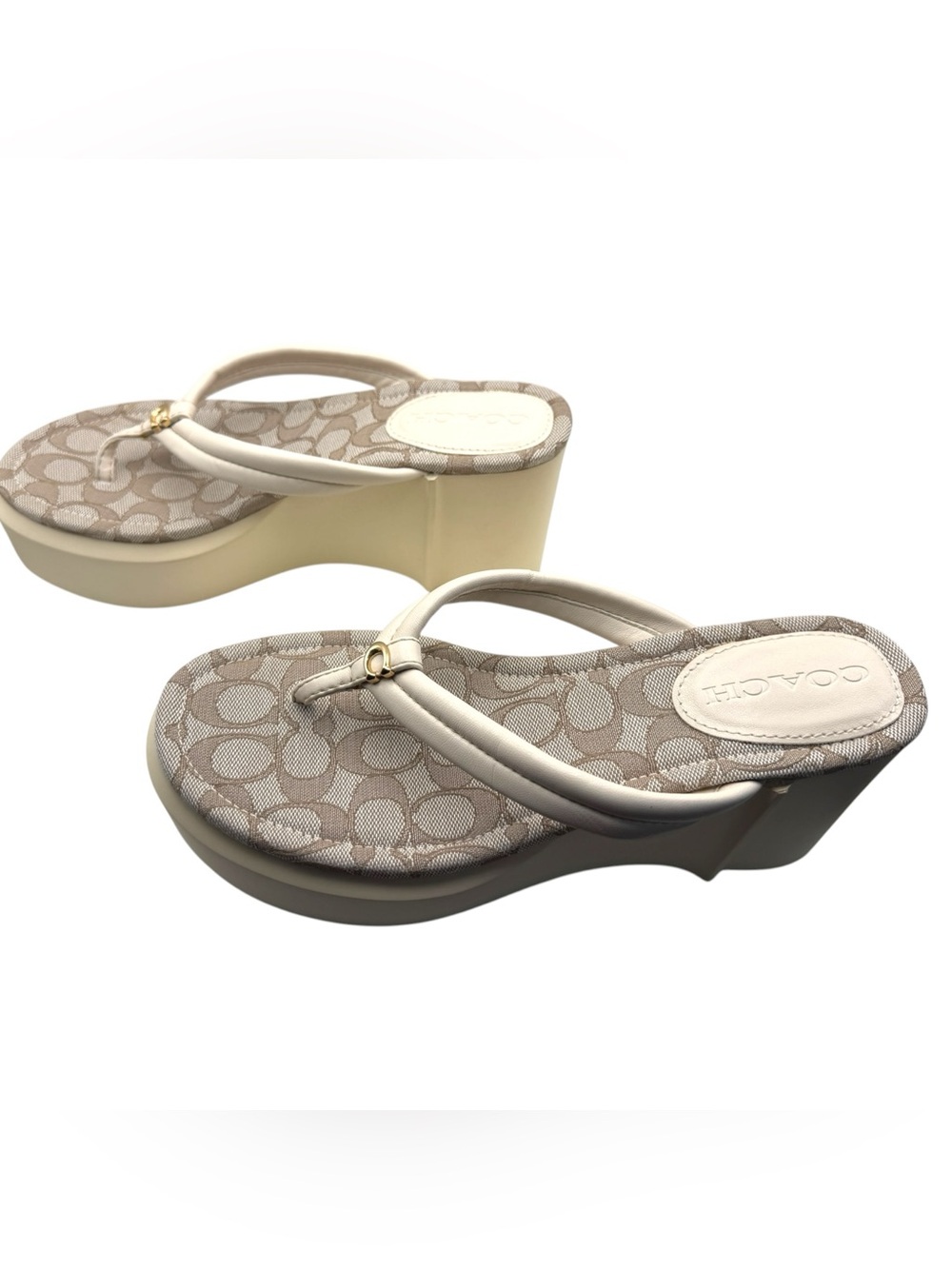 Coach Frankie Signature Wedge Flip Flops Size 10 Beige Platform Sandals - Picture 4 of 6